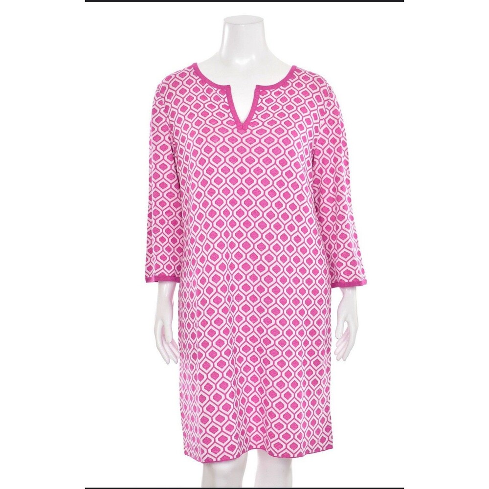 St. John Knits Tunic Style Knit Dress Pink & White Geo Print – Size M